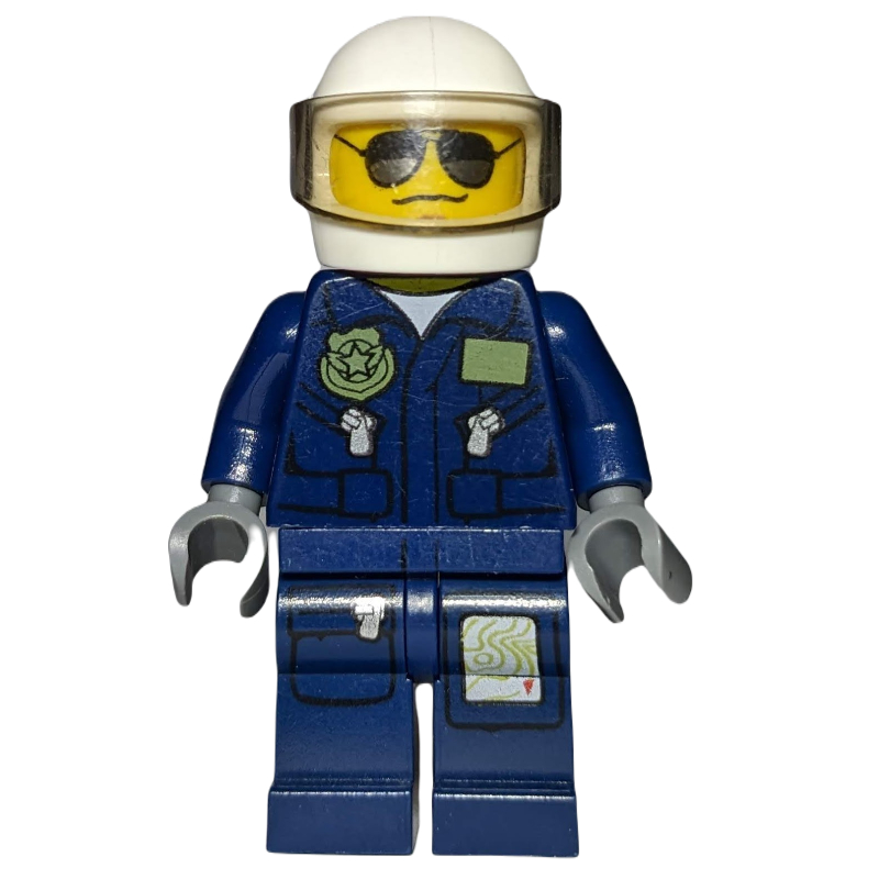 Lego Policeman, Dark Blue Jacket with Pockets and Badge, White Helmet with Visor, Sunglasses and Wavy Mouth