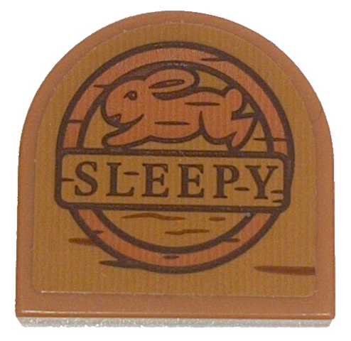 Lego Tile, Round 2 x 2 Half Circle Extended with Wood Grain and 'SLEEPY' Pattern (Sticker) - Set 43242
