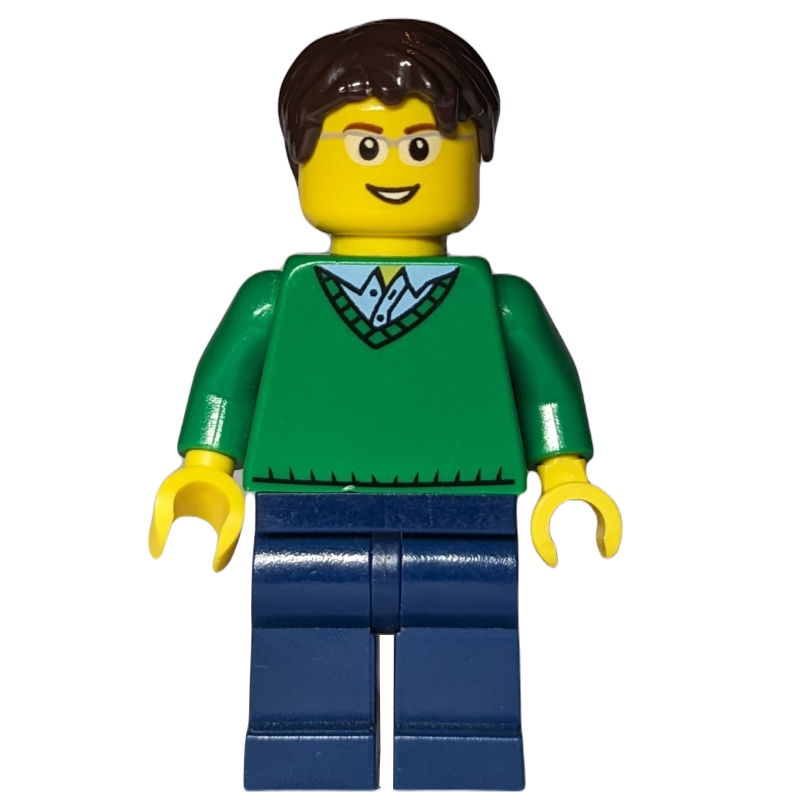 Lego Man, Green V-Neck Sweater, Dark Blue Legs, Dark Brown Hair, Glasses