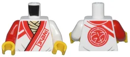 Torso Robe with Red Trim, Lines, and Ninjago Logogram 'DOJO' over Tan Shirt, Core Logo on Back Pattern / White Arm Left / Red Arm Right / Yellow Hands