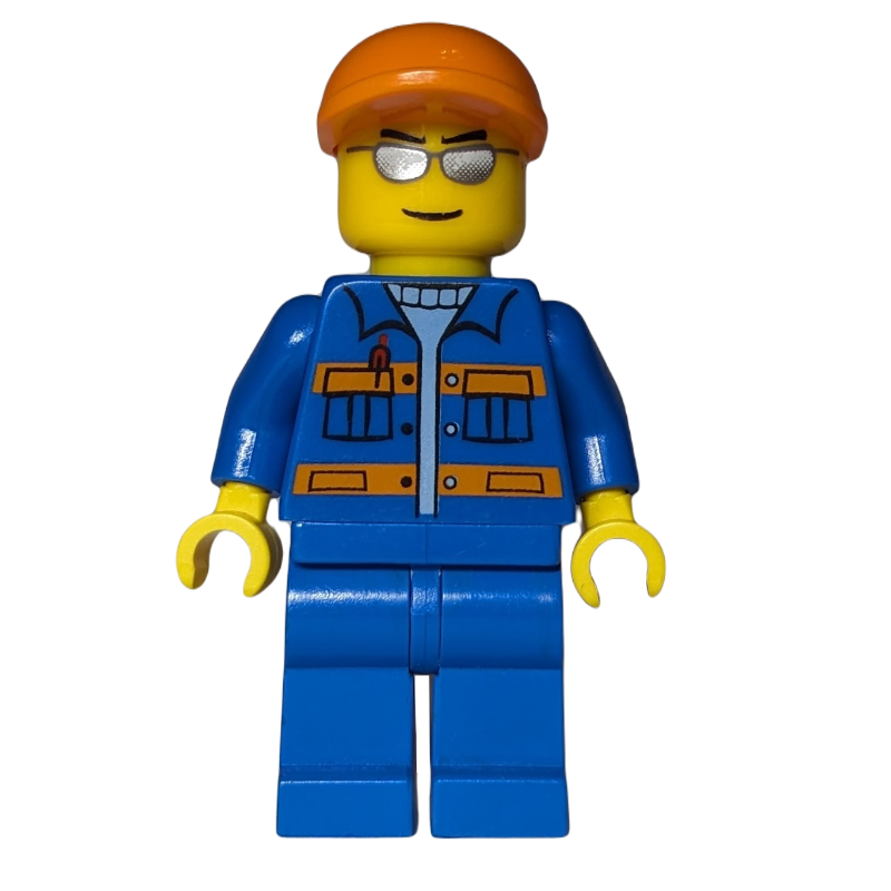 Lego Ground Crew, Blue Jumpsuit with Orange Stripes and Pockets, Orange Cap, Silver Sunglasses