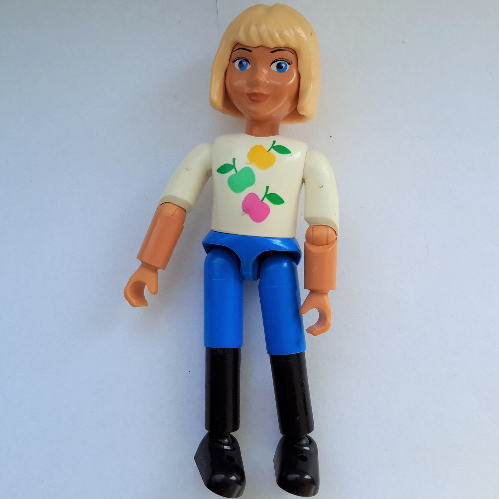Lego Belville Figure Articulated Elbows, Child, Female, Light Yellow Hair, Blue Legs, Black Boots, White Top with Apples Print / [No Color/Any Color]