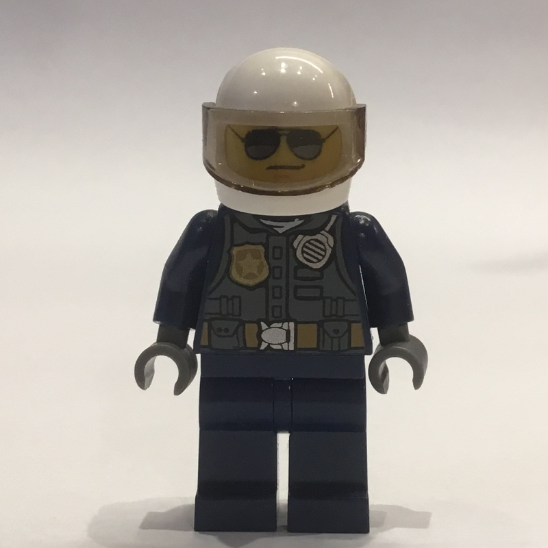 Lego Policeman Tony Maverick, Dark Bluish Gray Vest with Radio and Badge over Dark Blue Shirt, White Helmet with Visor, Sunglasses