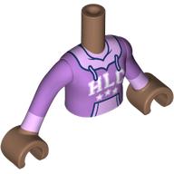 Lego Minidoll Torso Girl with Medium Brown Arms and Hands with Medium Lavender Sweater, Lavender Hoodie, Pockets, White 'HLC' print / Medium Brown