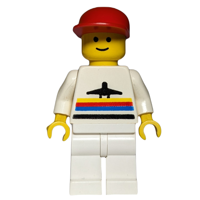 Lego Man, White Shirt with Airplane, White Legs, Red Cap