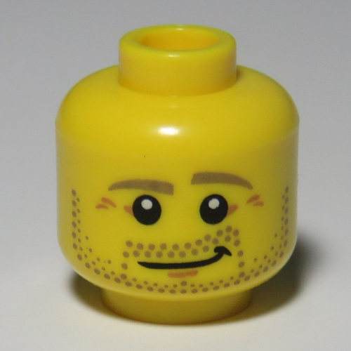 Lego Minifig Head Carpenter, Beard Stubble, Dark Tan Eyebrows, Crow's Feet, Lopsided Smile Print [Hollow Stud] / Yellow