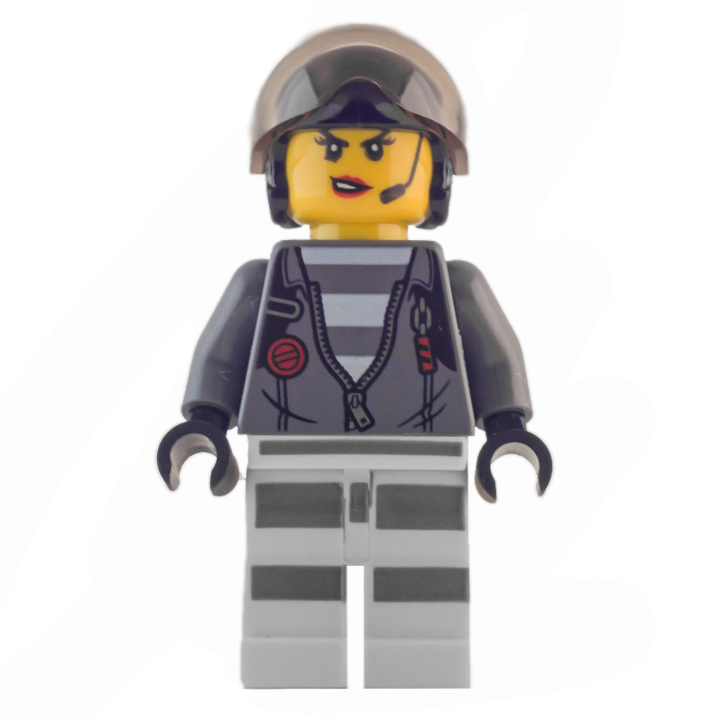 Lego Criminal, Woman, Open Dark Bluish Gray Jacket with Zipper over Prison Shirt, Black Helmet with Visor
