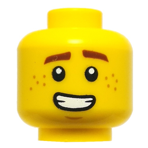 Lego Minifig Head Jay, Reddish Brown Eyebrows, Freckles, Open Mouth Smile / Angry Teeth / Yellow