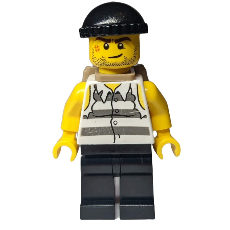 Lego Criminal, Torn Prison Shirt, Black Legs, Black Hat, Dark Tan Backpack, Stubble and Scar