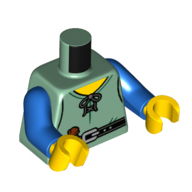 Lego Torso Tunic, Laces, Black Belt, Money Pouch print, Blue Arms, Yellow Hands / Sand Green