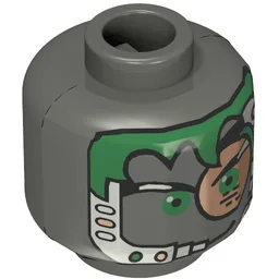 Minifig Head Insectoid, Green Hair, Copper Eyepiece and Headset Print [Blocked Open Stud] / Dark Gray