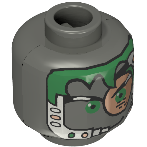 Lego Minifig Head Insectoid, Green Hair, Copper Eyepiece and Headset Print [Blocked Open Stud] / Dark Gray