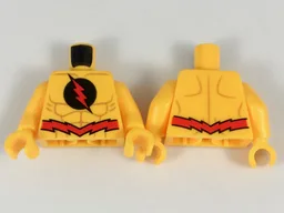 Torso Red Lightning Bolt in Black Circle, Jagged Red Belt Pattern / Bright Light Orange Arms / Bright Light Orange Hands