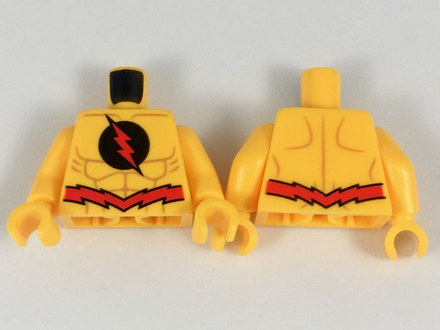 Lego Torso Red Lightning Bolt in Black Circle, Jagged Red Belt Pattern / Bright Light Orange Arms / Bright Light Orange Hands