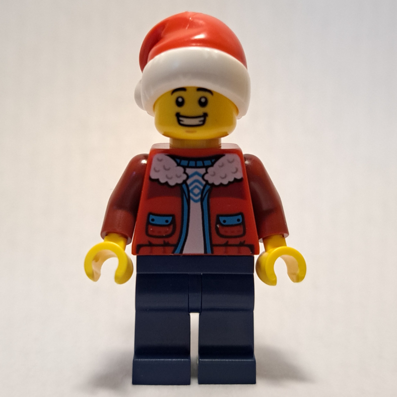 Lego Man, Red Jacket, Dark Blue Legs, Santa Hat