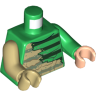 Lego Torso, Odd Arms and Hands, Sweater, Muscles, Dark Green Stripes, Tan Dirt on Right Side Print, Left Green Arm and Light Nougat Hand, Right Tan Arm and Hand / Green