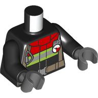 Lego Torso Fire Jacket with Red Collar and Reflective Stripes / Fire Logo Print, Black Arms, Dark Bluish Gray Hands / Black