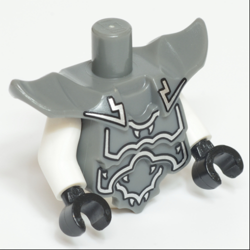 Lego Torso with Molded Shoulder and Waist Extensions, Silver Decoration Print, White Arms, Black Hands / Dark Bluish Gray