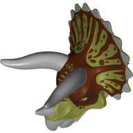 Lego Animal Body Part, Dinosaur, Triceratops Head with Reddish Brown and Olive Green Brindle, Light Bluish Gray Horns / Olive Green