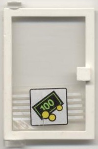 Lego Door 1 x 4 x 5 Left with Trans-Clear Glass and Bill & Coins Pattern (Sticker) - Set 1490