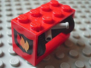 Lego String Reel 2 x 4 x 2 Holder with Fire Logo Badge Pattern with Black Drum with Black String 35L with Light Gray Hose Nozzle Simple (4209p02 / 4208 / 194cx2)