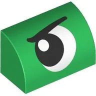 Brick Curved 1 x 2 x 1 No Studs with Eye, Looking Left, Angry Print / Green