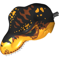 Lego Animal Body Part, Dinosaur, Tyrannosaurus Rex Head with Pin, White Teeth, Black and Dark Orange Top and Black and Bright Light Orange Spots Print / Bright Light Orange