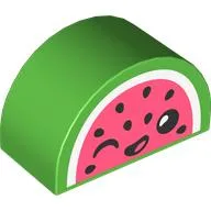 Duplo Brick 2 x 4 x 2 Curved Top with Watermelon, Winking Face Print / Bright Green