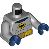 Lego Torso Bodysuit, Batman Logo in Yellow Oval with Yellow Utility Belt and Gold Buckle Print (60's Batman), Light Bluish Gray Arms, Dark Blue Hands / Light Bluish Gray