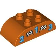 Duplo Brick 2 x 4 Curved Top with 2 Checkered Flags and '1', '2', and '3' Print / Reddish Orange