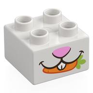 Lego Duplo Brick 2 x 2 with Bright Pink Bunny Nose, Mouth, Carrot print / White