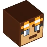 Minifig Head Special, Cube with Pixelated Tan Face, Sand Blue Eyes, Goggles Print / Reddish Brown