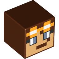 Lego Minifig Head Special, Cube with Pixelated Tan Face, Sand Blue Eyes, Goggles print / Reddish Brown