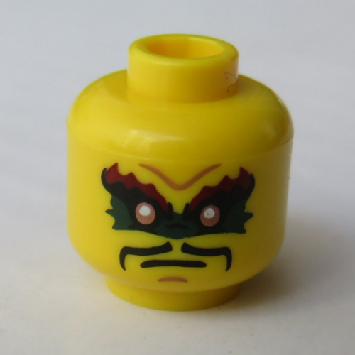 Lego Minifig Head Krux, Dark Green / Red Eye Mask, Moustache Print [Hollow Stud] / Yellow