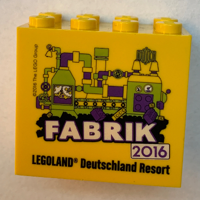 Lego Brick 2 x 4 x 3 with 'LEGOLAND Deutschland Resort FABRIK 2016' Print / Yellow