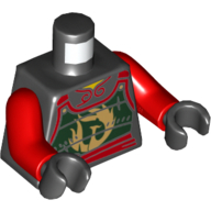 Lego Torso Samurai Armor with Dark Green Panels, Gold Phoenix and Red Sash Print, Red Arms, Black Hands / Black