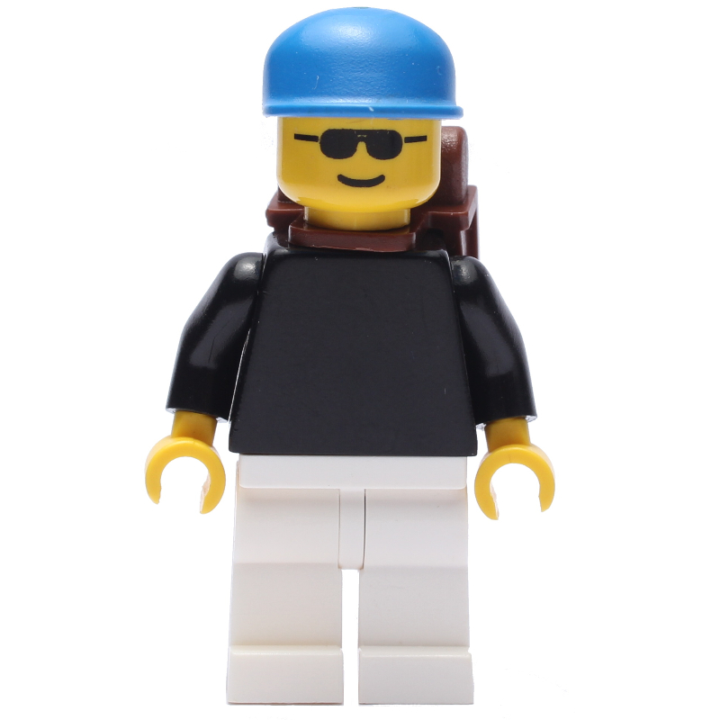 Lego Man, Black Torso, White Legs, Blue Cap, Backpack, Sunglasses