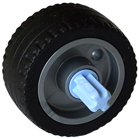 Lego Wheel 18mm D. x 12mm with Pin Hole and Stud, Dotted Brake Rotor Lines with Fixed Rotatable Bright Light Blue Technic, Axle 1L with Pin without Friction Ridges with Squared Hole with Black Tire 24 x 12 Low (66727c02 / 18977)