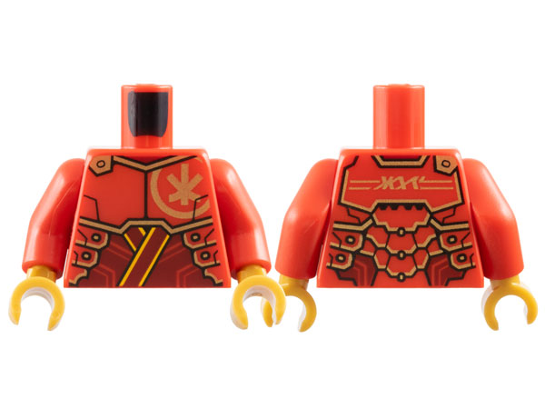 Lego Torso Armor Plates with Gold Ninjago Logogram 'K' on Front and 'KAI' on Back over Dark Red Tunic with Bright Light Orange Trim Pattern / Red Arms / Pearl Gold Hands