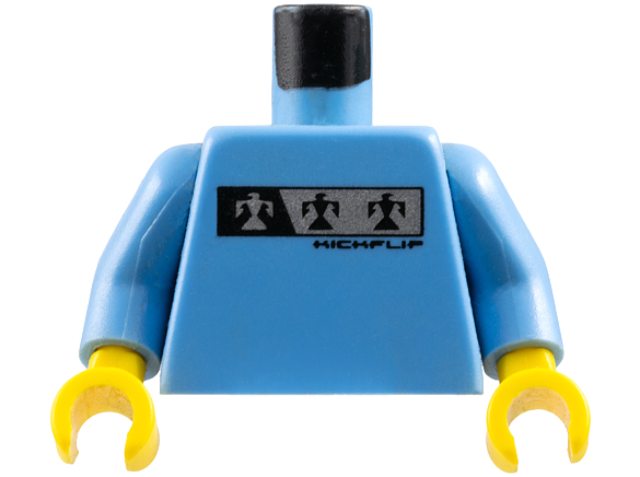 Lego Torso Gravity Games with Silver and Black Bird Logo, Black 'KICKFLIP' Pattern / Medium Blue Arms / Yellow Hands