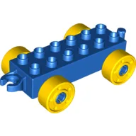 Duplo Car Base 2 x 6 with Fake Bolts, Open Hitch End and Yellow Wheels / Blue