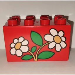 Duplo Brick 2 x 4 x 2 with 2 White Daisies Print / Red