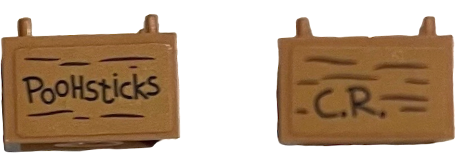 Lego Container, Box 2 x 2 x 1 - Top Opening with Flat Inner Bottom with Black 'PooHsticks', 'C.R.' and Wood Grain Pattern on Both Sides (Stickers) - Set 21326