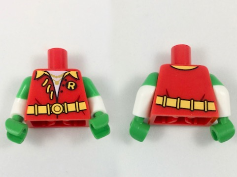Lego Torso Shirt, Bright Light Orange Collar and 'R' and Belt, Unlaced Pattern / White Arms with Molded Bright Green Short Sleeves Pattern / Bright Green Hands