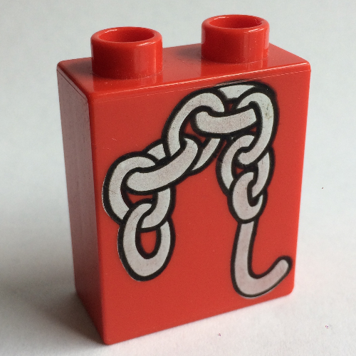 Lego Duplo Brick 1 x 2 x 2 with Chain and Hook Print / Red