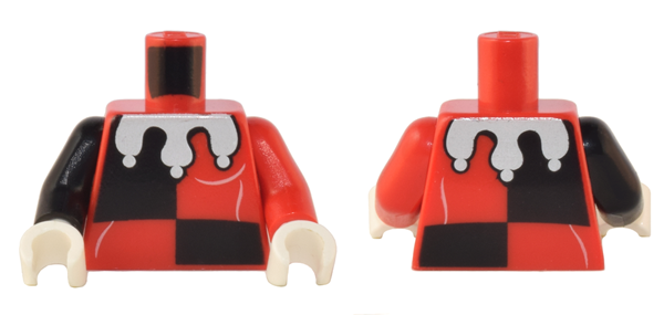Lego Torso Black Quarters, White Folds and Jester's Collar Rounded Pattern / Red Arm Left / Black Arm Right / White Hands