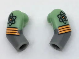 Arm, (Matching Left and Right) Pair with Molded Sand Green Short Sleeves and Printed Atoms and Orange Stripes Pattern / Dark Bluish Gray