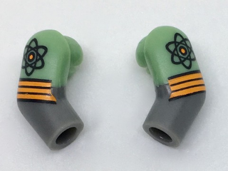 Lego Arm, (Matching Left and Right) Pair with Molded Sand Green Short Sleeves and Printed Atoms and Orange Stripes Pattern / Dark Bluish Gray