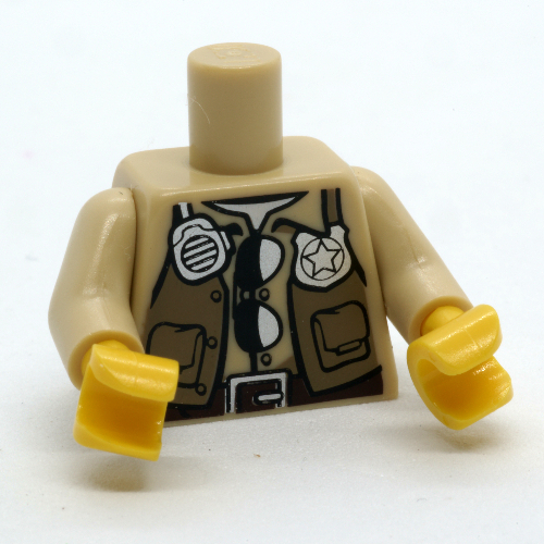 Lego Torso Shirt, Dark Tan Vest, Pockets, Radio, Dark Brown Belt print, Tan Arms, Yellow Hands / Tan