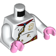 Lego Torso Chef Jacket, Dirty, Gold Trim, Pig Head Logo Print, White Arms, Bright Pink Hands / White